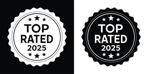 Set of two top rated 2025 certification badges showcasing quality assurance and distinguished excellence in black and white formats