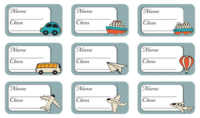 Notebook labels with cute kids' icons of transportation, colorful design, template for schoolbook labels. Set bright name stickers for notebook. Back to school labels. Name and Class