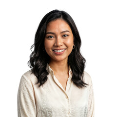 Happy young Asian businesswoman smiling confidently at camera in light beige blouse, isolated transparent background.