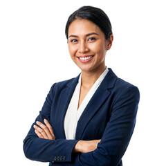 Confident young Asian business woman smiling with arms crossed, wearing a dark blue suit jacket on an isolated transparent background feeling professional and proud