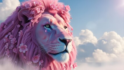 A majestic pink lion with flowers in its mane looking to the right against a blue sky with white clouds with digital art and fantasy creature