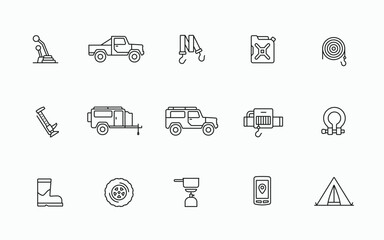 Print Offroad car and tools equipment icons set in simple linear style. Adventure off road vehicle symbol logo icon collections © Royan