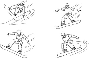 Fototapeta premium Action oriented hand drawn snowboarder collection featuring athletes jumping and carving for winter sports apparel extreme hobby and mountain resort designs