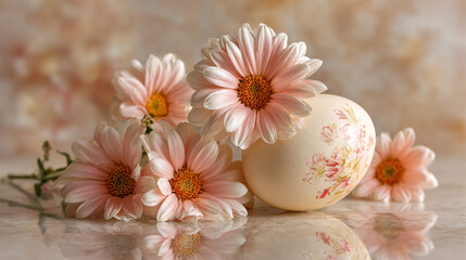 close-up Easter photograph of a smooth egg with spring flowers, soft pastel tones - For Easter renewal