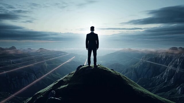 High-end cinematic video businessman standing calmly mountain summit vast valley filled abstract motion blur of city lights, flowing data streams moving clouds, symbolizing clarity chaos, minimalistic