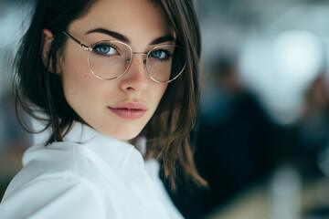 Fototapeta premium photo, asian business, Cute businessgirl. Glasses. Minimalist office in the background, out of focus 