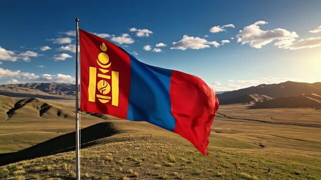 Mongolian flag waving on a pole in the vast Mongolian steppe with rolling hills and blue sky during sunset, symbol of national pride