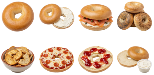 set of a bagel in different variations, whole, sliced and topped isolated on a transparent background