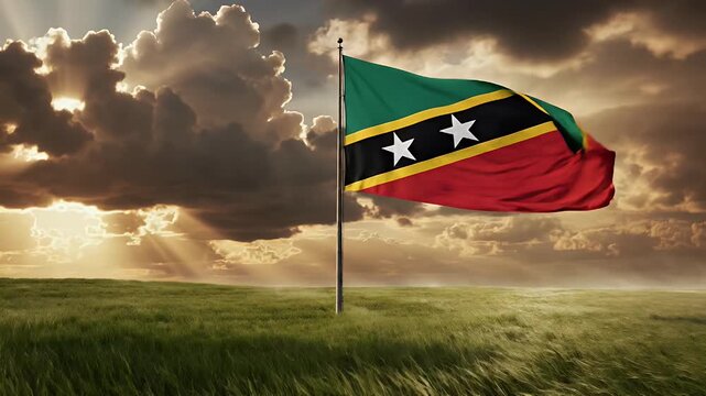 Saint Kitts and Nevis national flag waving on pole in grassy field at dramatic cloudy sunset, Caribbean independence symbol