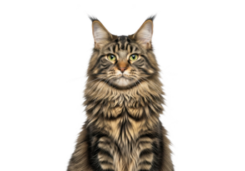 A majestic long-haired tabby cat with striking green eyes and a fluffy coat, sitting upright and looking directly at the camera, isolated on transparent background