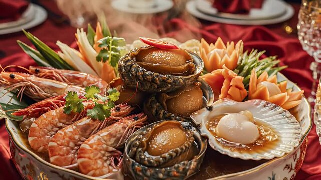 Traditional Chinese seafood platter with fresh abalone, prawns, scallops, and vegetable garnishes served in ornate bowl on festive red tablecloth, perfect for luxury dining