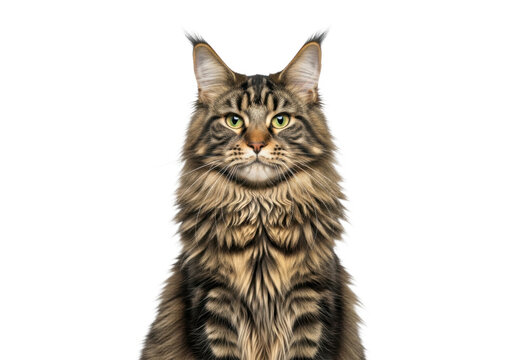 A majestic long-haired tabby cat with striking green eyes and a fluffy coat, sitting upright and looking directly at the camera, isolated on transparent background - Powered by Adobe