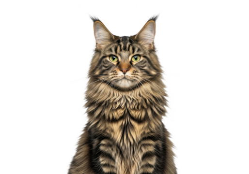 A majestic long-haired tabby cat with striking green eyes and a fluffy coat, sitting upright and looking directly at the camera, isolated on transparent background - Powered by Adobe