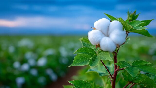 27Close-up of a white natural cotton boll on a Gossypium plant, soft fibers emerging from the capsule, sustainable cotton field softly blurred in the background, natural daylight