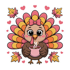 Fototapeta premium A whimsical turkey, adorned with a bow, holds a steaming cup and is surrounded by colorful autumn leaves and hearts.