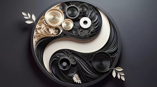 An exquisitely detailed paper quilling artwork forms the iconic Yin Yang symbol, featuring intricate swirls of black and beige paper strips against a dark background.