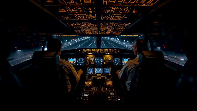 Airplane Cockpit Interior At Night With Pilots Silhouettes Illuminated Instrument Panels And Glowing Controls