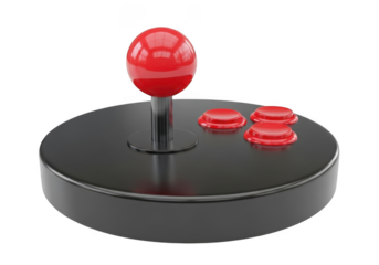 3d rendering of a black joystick controller with red buttons and a red joystick stick isolated on transparent background