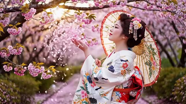 An elegant Japanese woman in a traditional kimono holding a parasol amidst a breathtaking cherry blossom garden.
