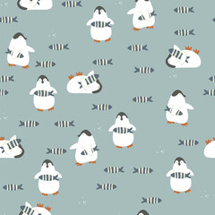 Cute hand drawn penguins pattern with fish , snow and animals on blue background. Vector winter illustration with penguins.
