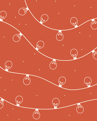 Hand drawn white Christmas lamps and snow on red background, hand drawn illustration. Vector illustration.