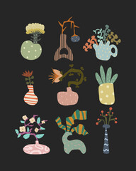 Hand drawn set flowers and plants in vase on black background. Vector illustration.