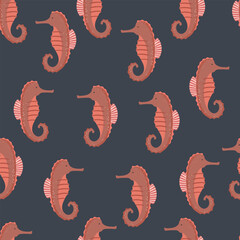 Seamless pattern with cute seahorse on dark blue background. Vector illustration with sea animals.