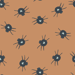 Seamless pattern cute spider with hearts. Vector illustration with naive spider, kids pattern.