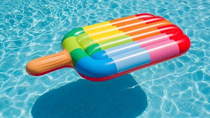 Vibrant rainbow colored inflatable popsicle floating on clear blue swimming pool water with ripples and sunlight reflections with toy and colorful