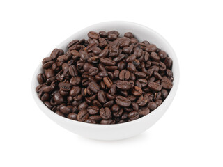 Fototapeta premium Top view of Colombian medium roast coffee whole beans in a white bowl isolated on white background. Clean composition suited for packaging mockups, ecommerce product pages, and coffee brand marketing.