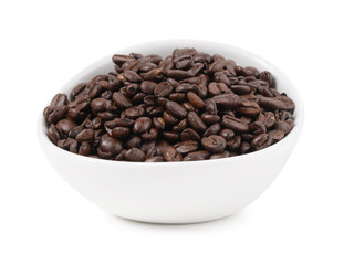 Fototapeta premium Colombian medium roast coffee whole beans served in a white bowl and isolated on white background. Professional studio image ideal for coffee packaging, ecommerce branding, and product catalog design.