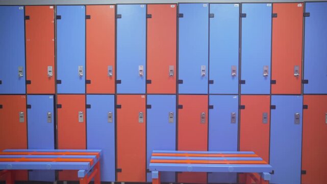 Variegated rows of lockers contrast restrained locker room walls creating expressive visual rhythm. Design appears balanced and vivid