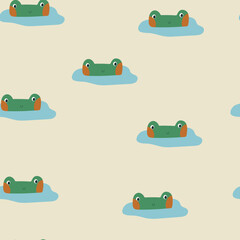 Cute green frogs in small lake on light background. Vector illustration with hand drawn animals, seamless pattern.