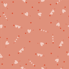 Seamless pattern with many hearts different sizeson peach background. Vector illustration for wrapping paper, card, Valentine's Day.
