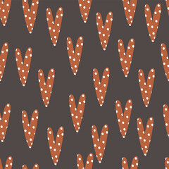 Red hearts with  polka dots on black background, seamless pattern . Vector illustration for wrapping paper, fabric, card, Valentine's day.