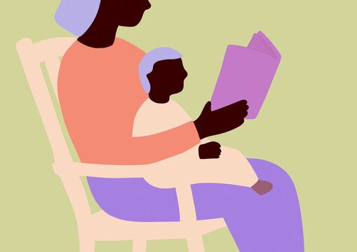Parent reading to child at home illustration