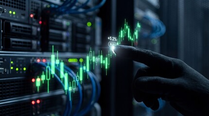 Hand interacting with glowing stock market graph in data center