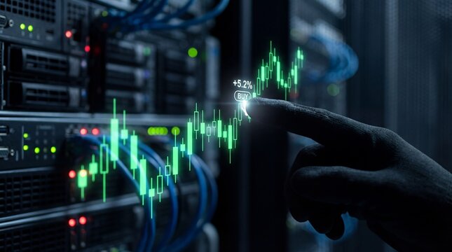 Hand interacting with glowing stock market graph in data center - Powered by Adobe