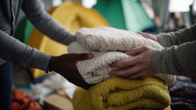 Medium shot of a volunteer handing warm blankets to an asylum seeker inside a temporary shelter highlighting compassionate support and comfort.