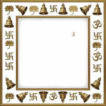An ornate golden frame adorned with bells and lotus flowers surrounds a blank white space, symbolizing spirituality and serenity