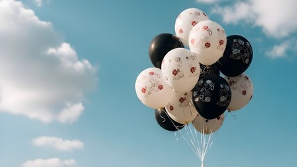 A vibrant bunch of black and white balloons with red flowers floating gently in a clear blue sky with fluffy white clouds on a sunny day with festive