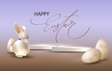 Happy Easter. Festive illustration with a podium, Easter eggs, and a bunny.