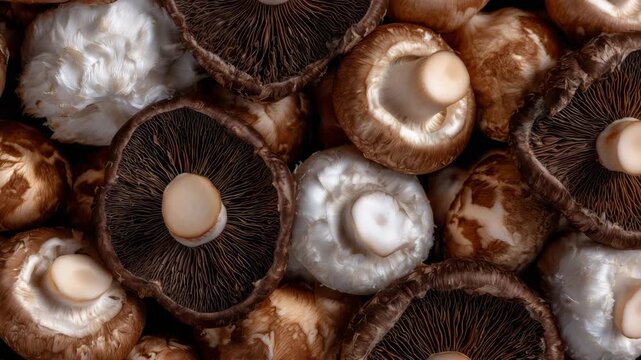 208Fresh mushrooms seamless layout, alternating whole and halved white and brown mushrooms, soft natural background, concept of clean, healthy, organic food