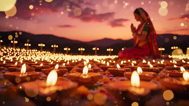 Woman Praying Amidst Glowing Diyas at Sunset, Celebrating a Spiritual Festival.