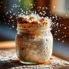 A thick, expanding bread dough mixture vigorously bubbles over the rim of a glass jar as fine droplets splash high above the textured surface.