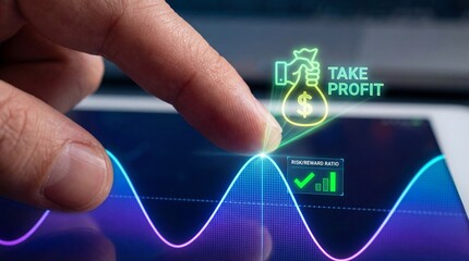 Finger interacting with financial chart on screen with take profit concept