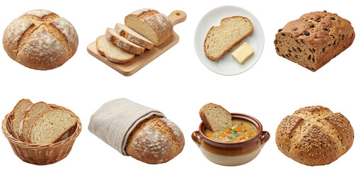 set of soda bread in different variations, loaf, slice and with soup isolated on a transparent background