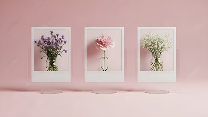 Three polaroid photos of flowers on pink background with white frames with floral and display and indoor and still and life and vintage and style