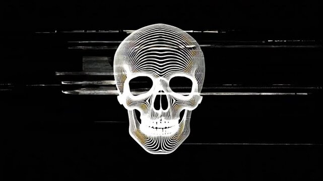 Front view human skull made thin white glitch line-art black background, digital scan effect, horizontal glitch distortion, vector outline skull flickering, futuristic AI analysis, minimal monochrome