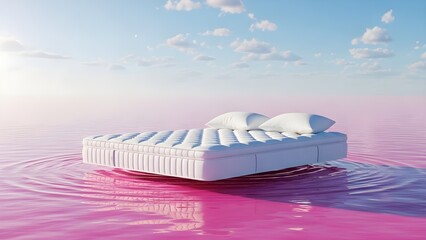 Serene white mattress floats on calm pink water with pillows under blue sky and clouds at sunrise with relaxation and peaceful and sleep and tranquil